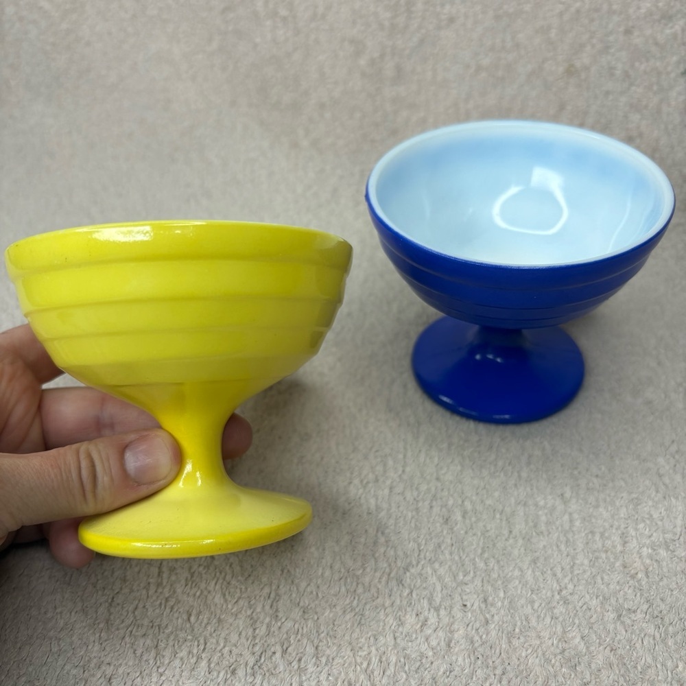 Vintage Glass Ice Cream Dessert Cups Blue & Yellow Set of 2 Pair VTG MCM Retro - Picture 3 of 9